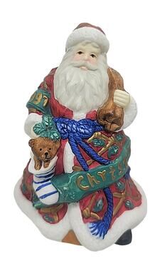 Vtg 1997 Home Trends Santa Claus Porcelain Christmas Bell Bear Stocking 6" GRS